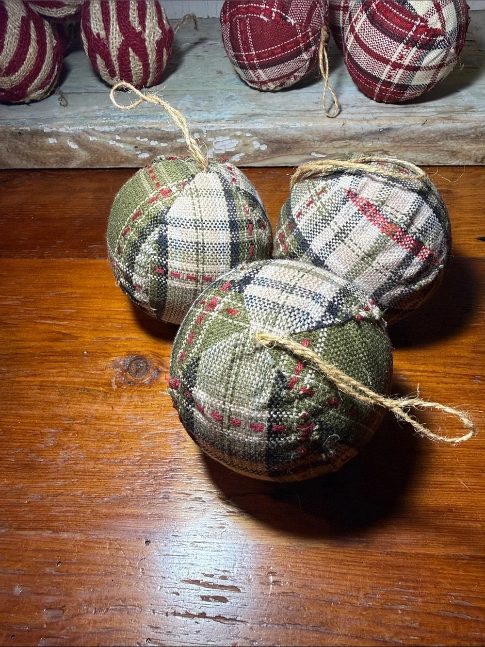 🎄 3 - 4” Rustic Green Plaid Holiday Fabric Ornaments